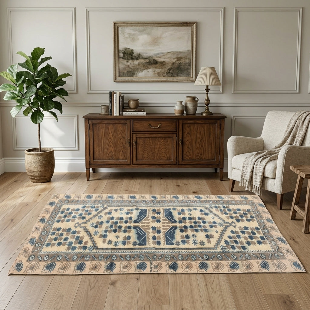 Bordered pattern on the Petrothea vintage area rug – handmade in Anatolia, Turkey