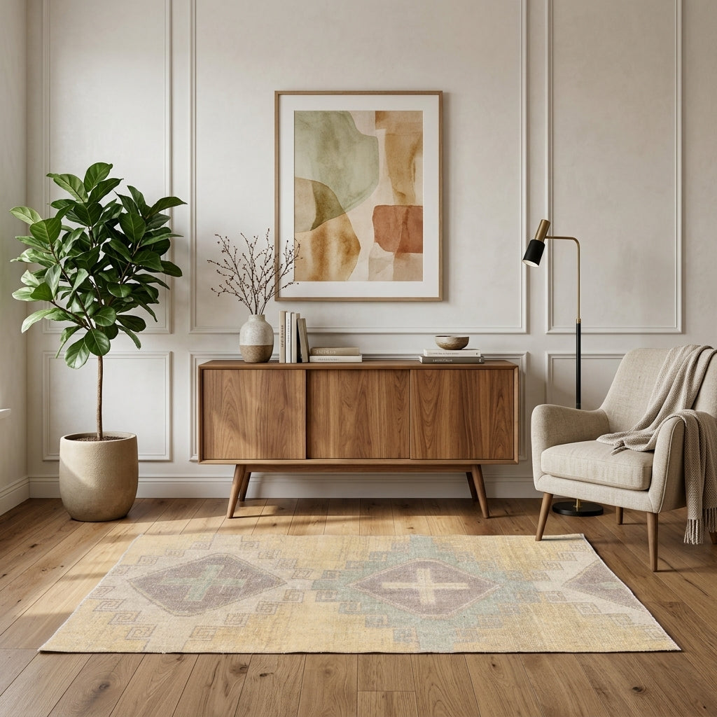 Geometric pattern on the Perizad vintage runner rug – handmade in Anatolia, Turkey