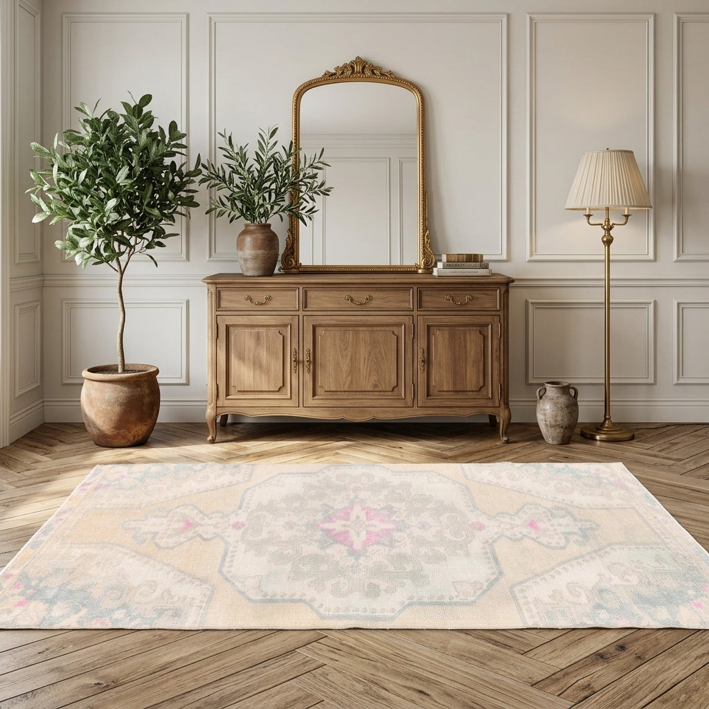 Floral pattern on the Nausorhoe vintage runner rug – handmade in Anatolia, Turkey
