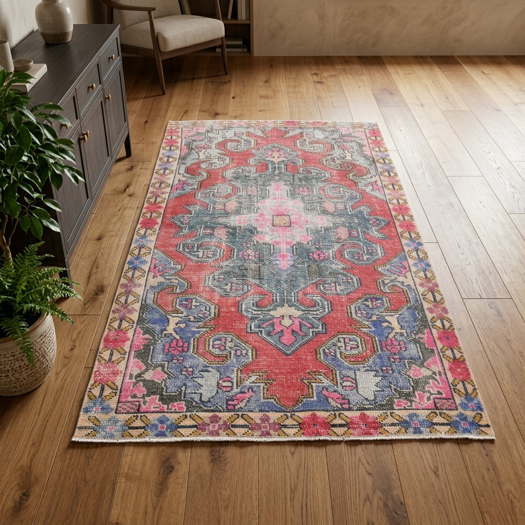 Floral pattern on the Naiasthene vintage area rug – handmade in Anatolia, Turkey