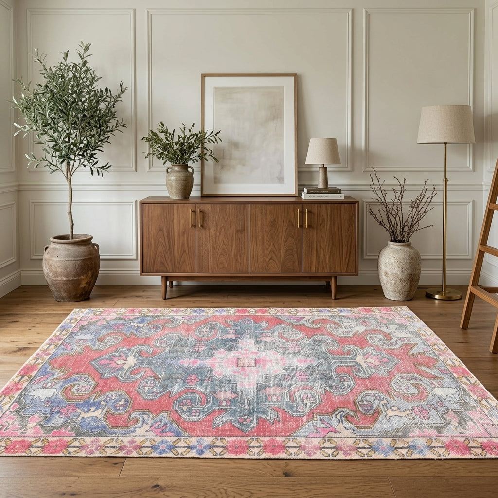 Floral pattern on the Naiasthene vintage area rug – handmade in Anatolia, Turkey