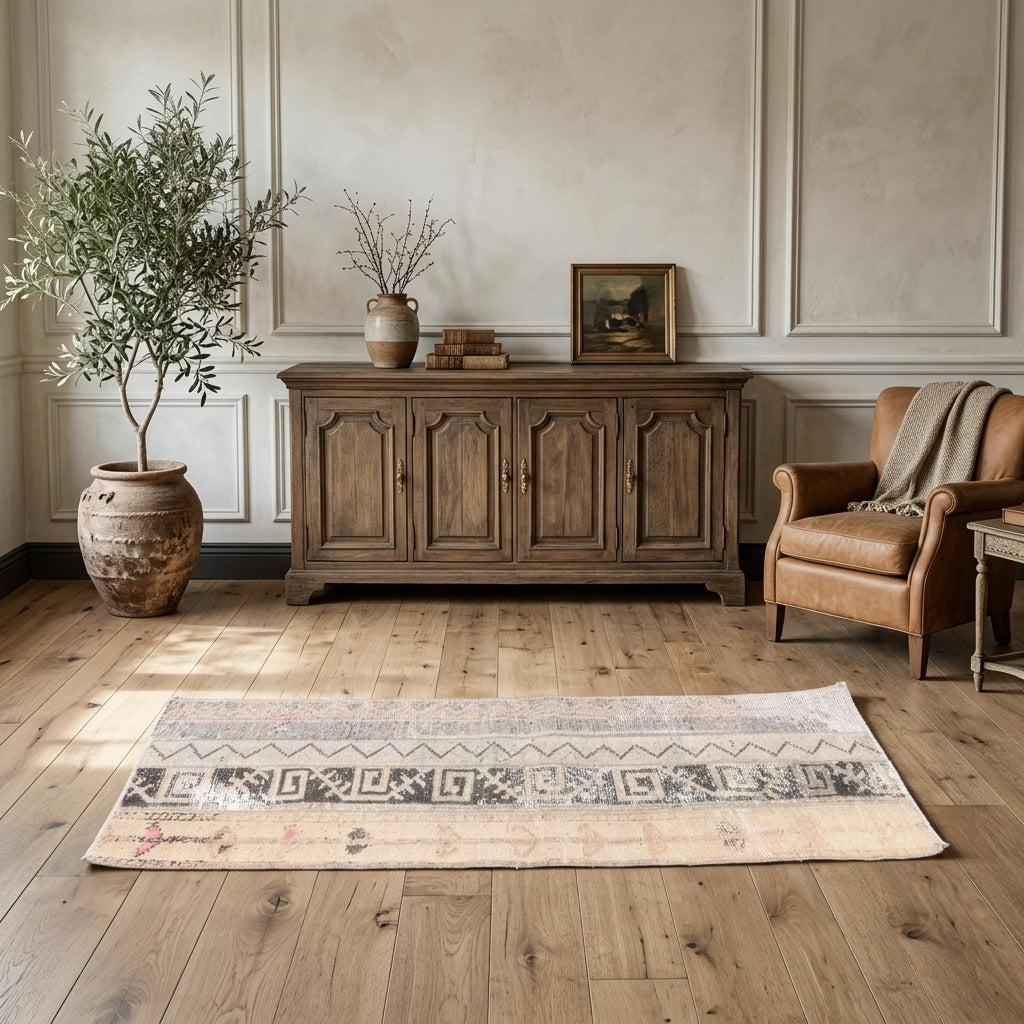 Patchwork pattern on the Muzeyyen vintage patchwork runner rug – handmade in Anatolia, Turkey