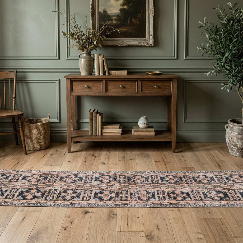 Ikat pattern on the Mujganbahce vintage patchwork runner rug – handmade in Anatolia, Turkey