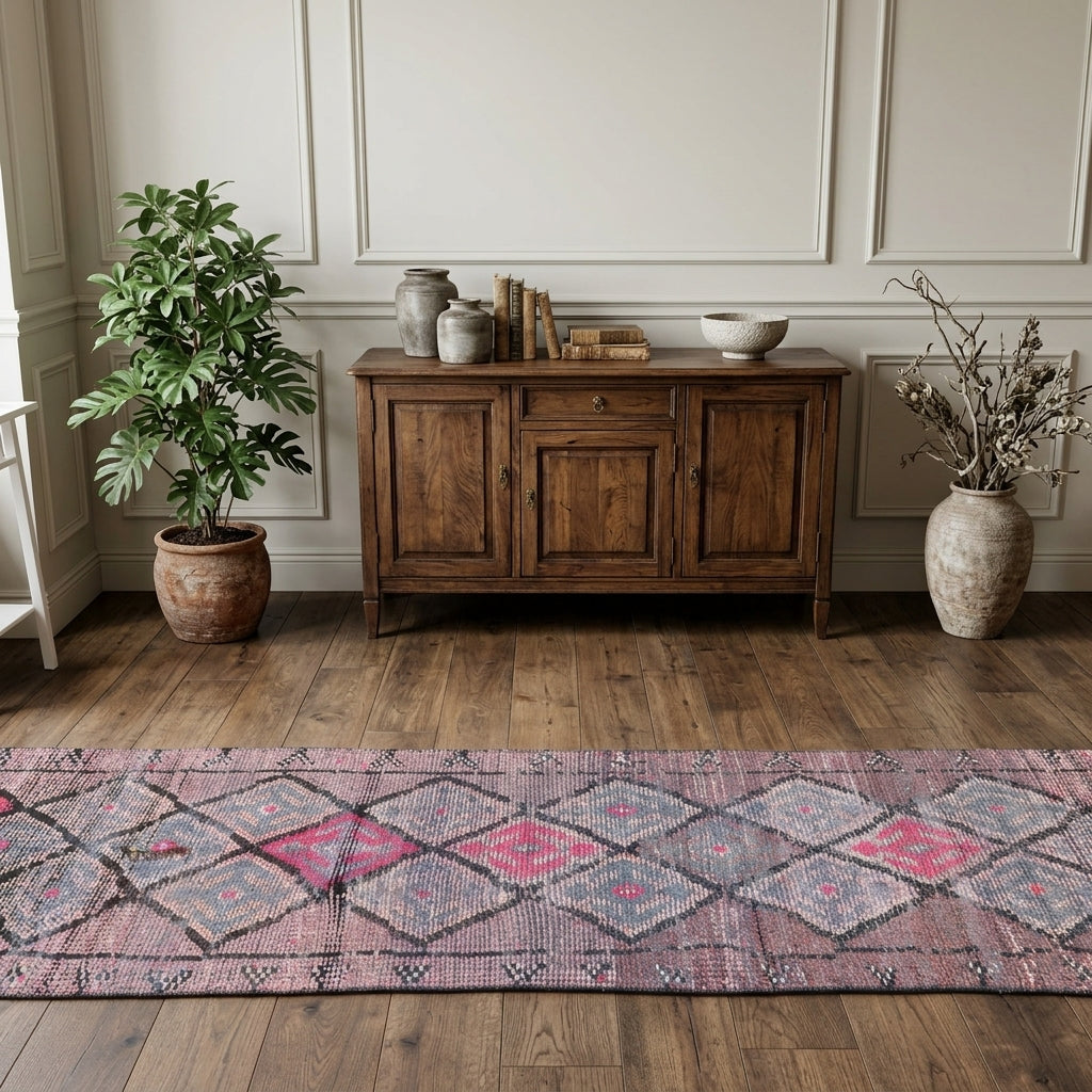Geometric pattern on the Mahsuze vintage runner rug – handmade in Anatolia, Turkey
