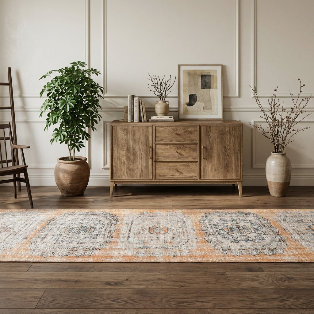 Geometric pattern on the Leucotima distressed vintage runner rug – handmade in Anatolia, Turkey