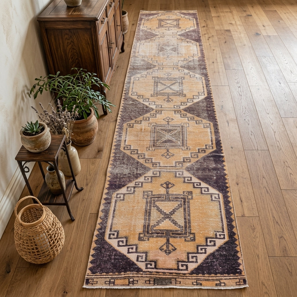Geometric pattern on the Leucophile distressed vintage runner rug – handmade in Anatolia, Turkey