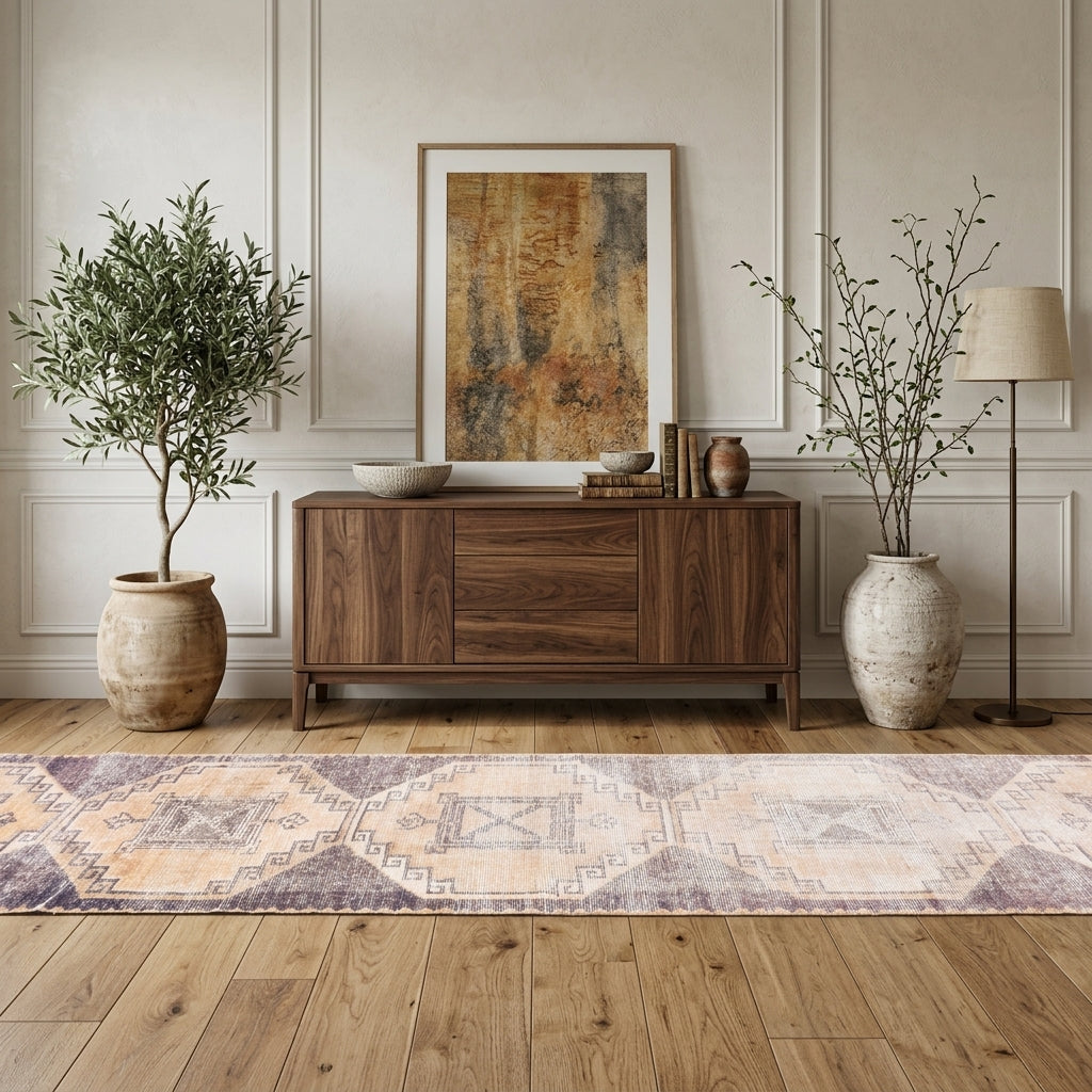 Geometric pattern on the Leucophile distressed vintage runner rug – handmade in Anatolia, Turkey