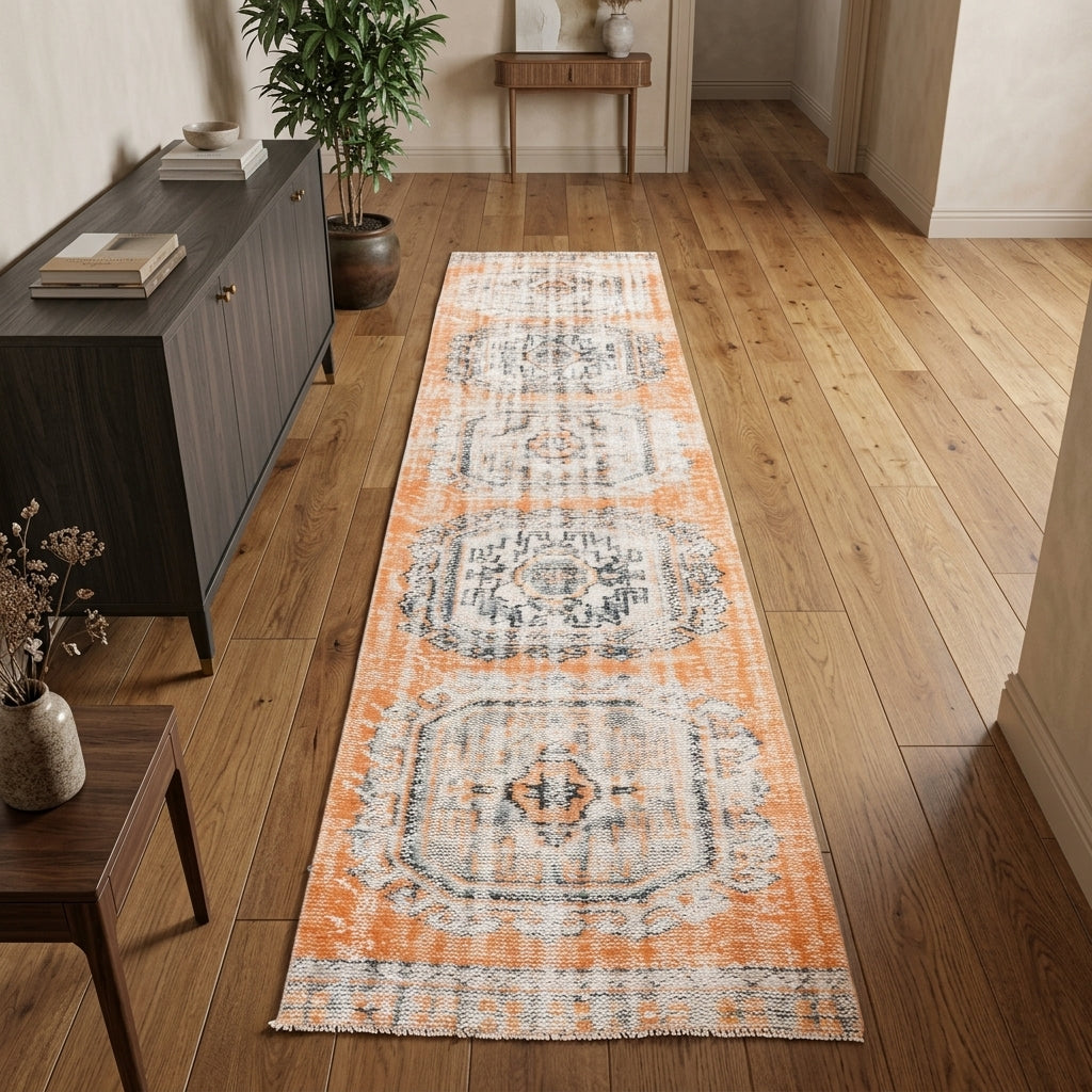 Geometric pattern on the Leucaura distressed vintage runner rug – handmade in Anatolia, Turkey