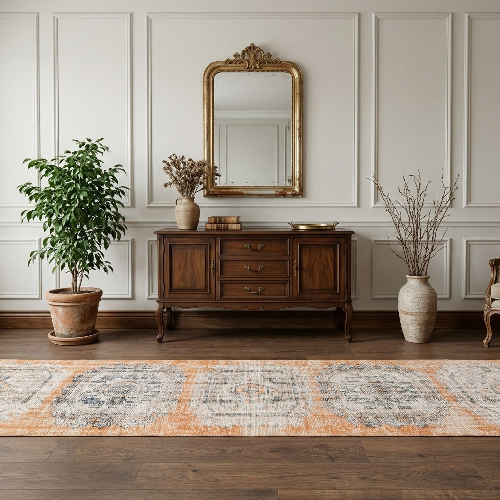 Geometric pattern on the Leucaura distressed vintage runner rug – handmade in Anatolia, Turkey
