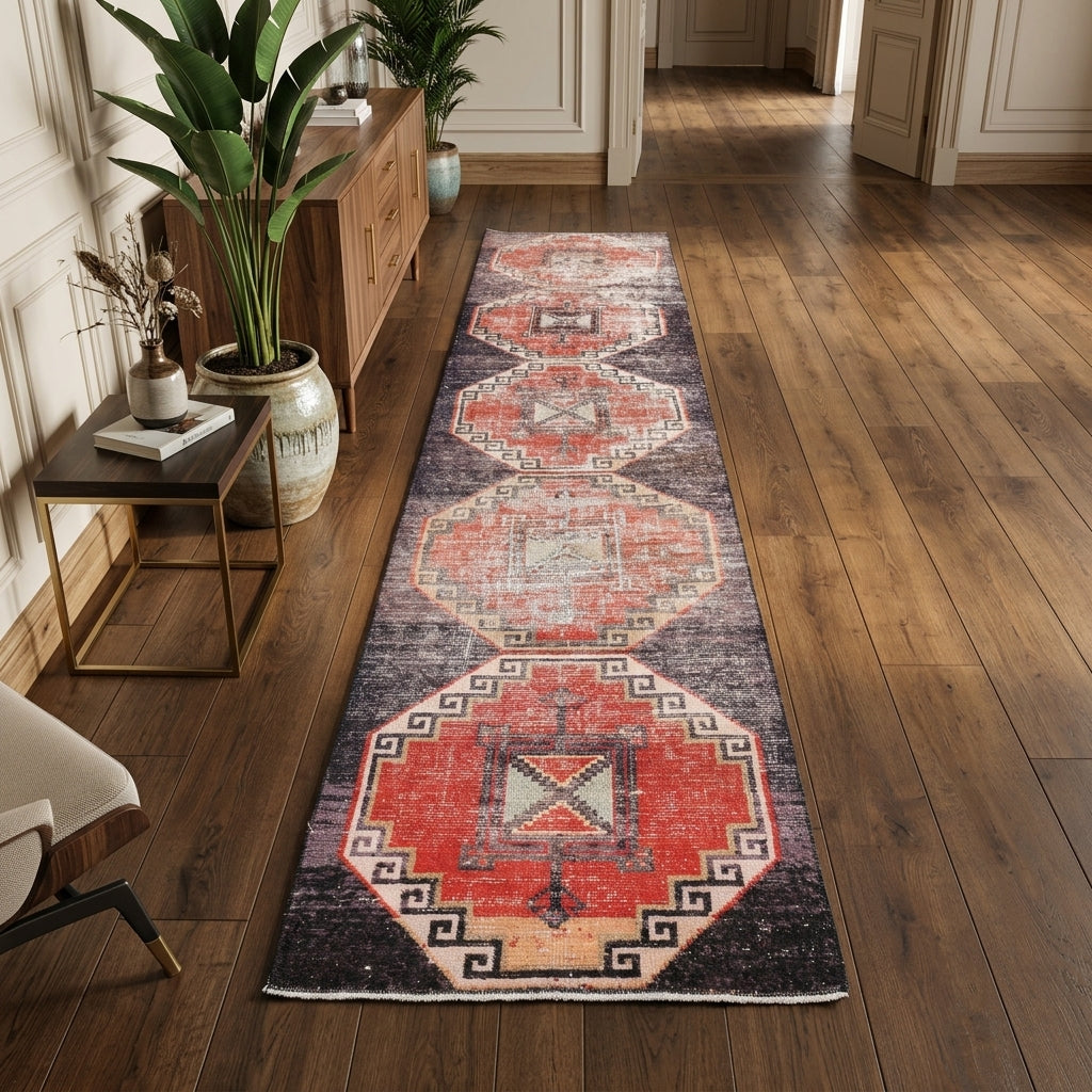 Geometric pattern on the Lavantanur distressed vintage runner rug – handmade in Anatolia, Turkey