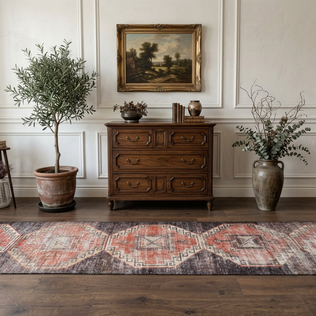 Geometric pattern on the Lavantanur distressed vintage runner rug – handmade in Anatolia, Turkey