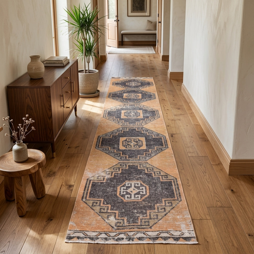 Geometric pattern on the Kyripheme distressed vintage runner rug – handmade in Anatolia, Turkey