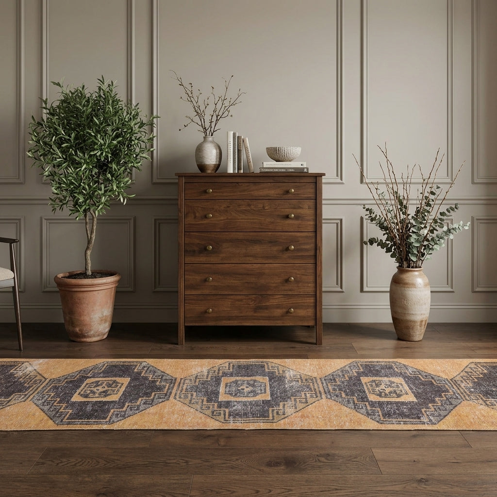 Geometric pattern on the Kyripheme distressed vintage runner rug – handmade in Anatolia, Turkey