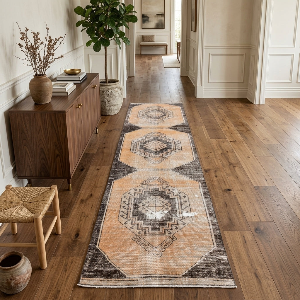 Geometric pattern on the Kirazgul distressed vintage runner rug – handmade in Anatolia, Turkey