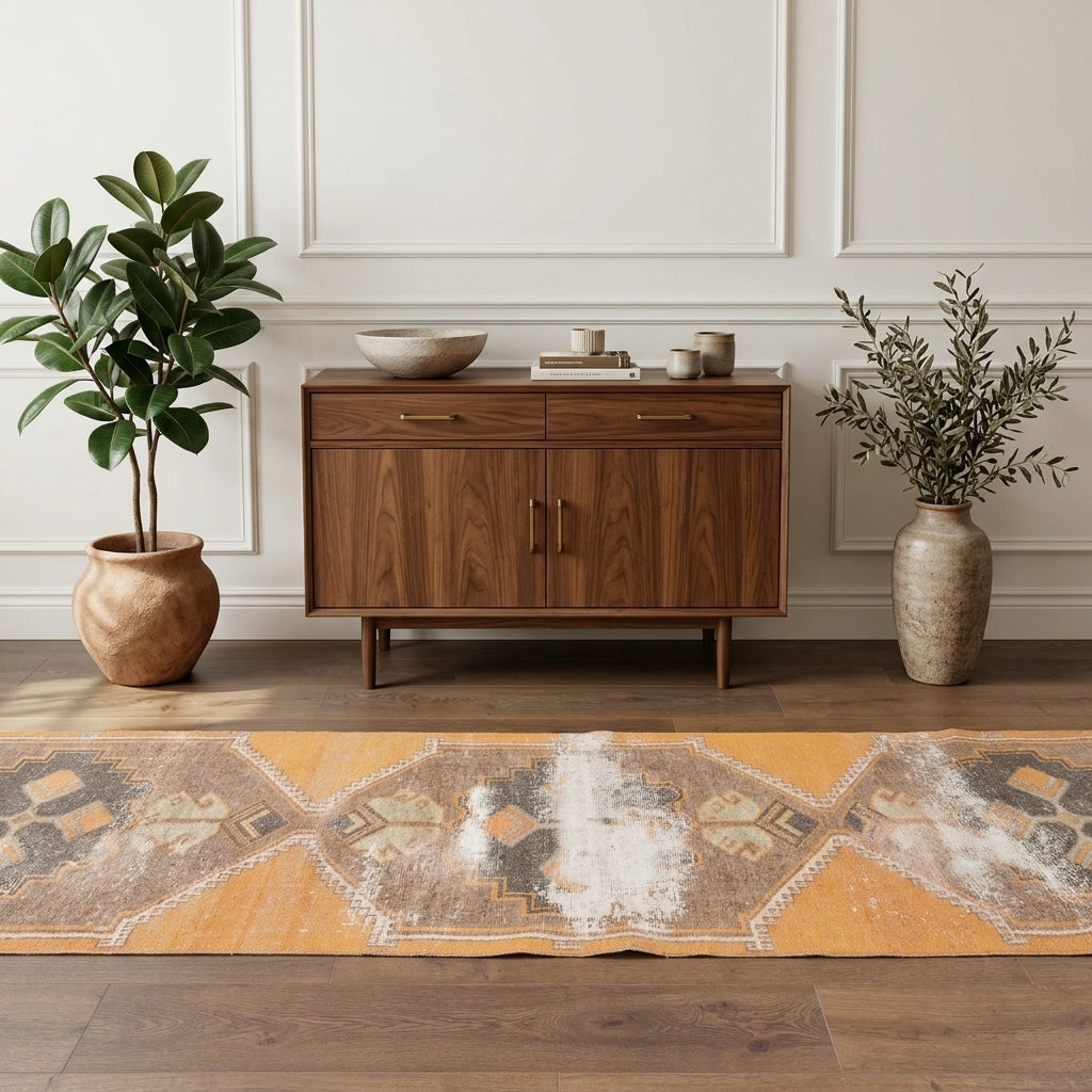 Geometric pattern on the Kevsernaz vintage runner rug – handmade in Anatolia, Turkey