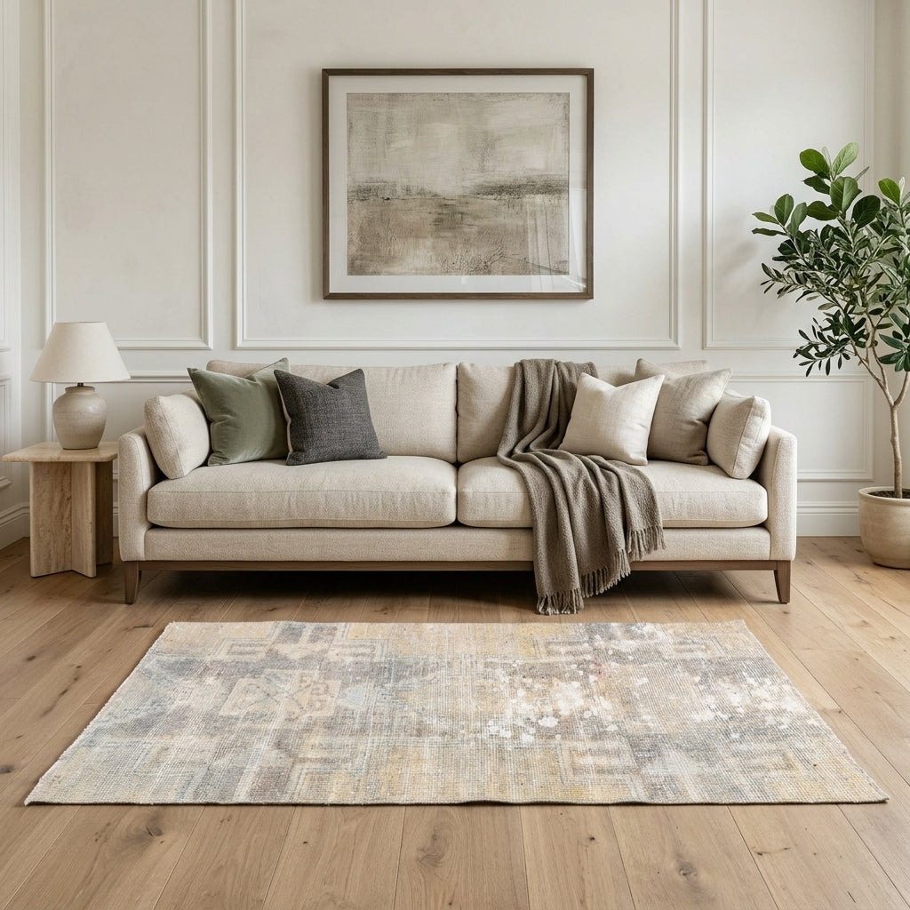 Ikat pattern on the Eleuthephone distressed vintage area rug – handmade in Anatolia, Turkey