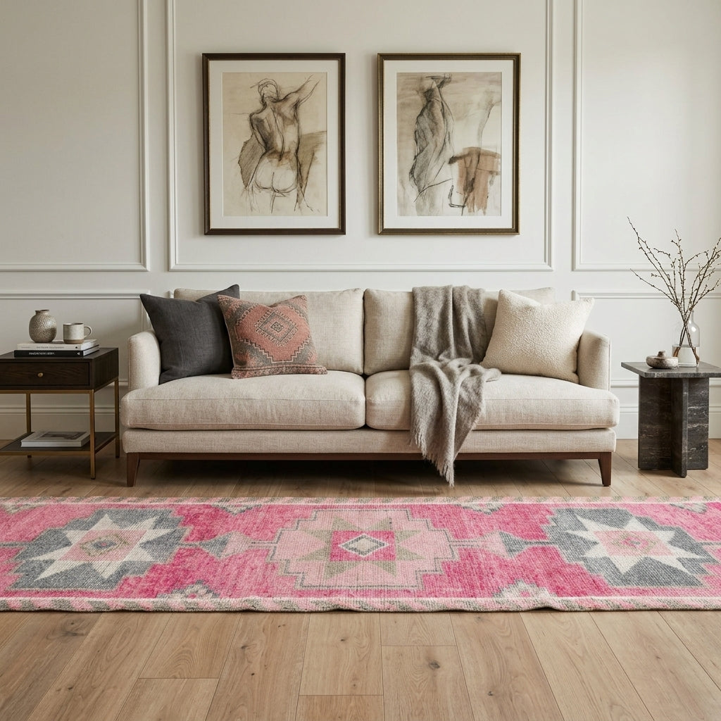 Geometric pattern on the Mahsuzegul vintage runner rug – handmade in Anatolia, Turkey
