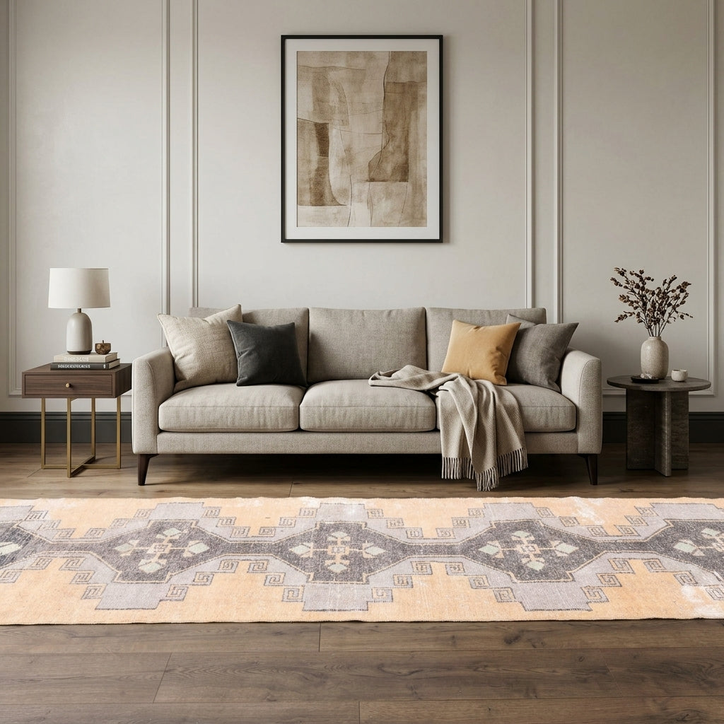 Geometric pattern on the Lysimelpe distressed vintage runner rug – handmade in Anatolia, Turkey