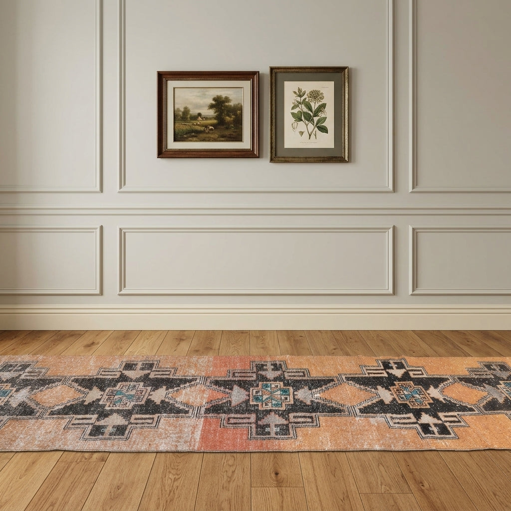 Tribal pattern on the Glaucosthene distressed vintage runner rug – handmade in Anatolia, Turkey