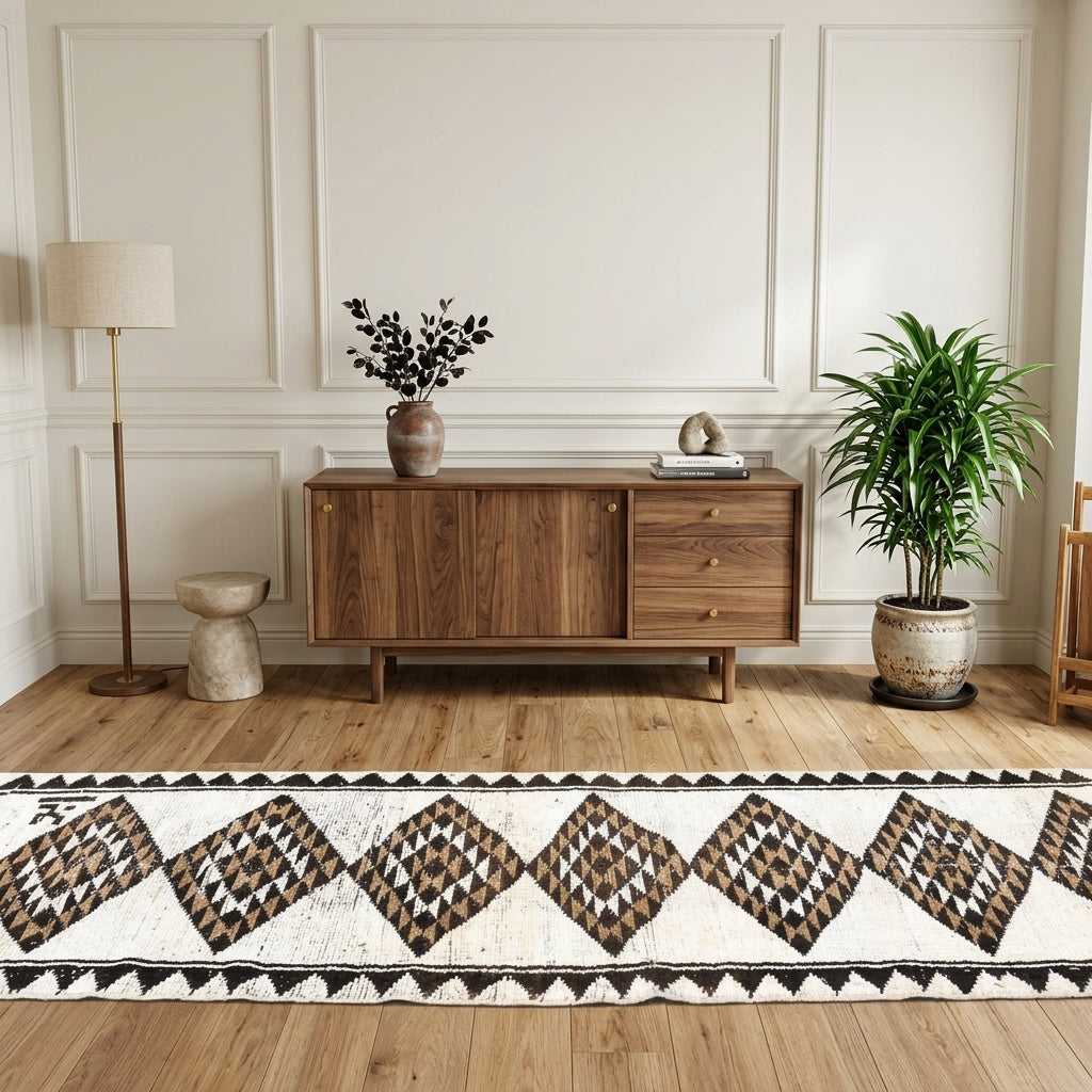 Ikat pattern on the Elmas vintage runner rug – handmade in Anatolia, Turkey