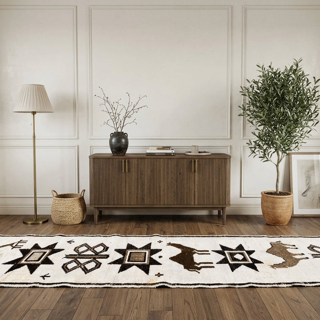 Tribal pattern on the Eleuthethalia vintage runner rug – handmade in Anatolia, Turkey