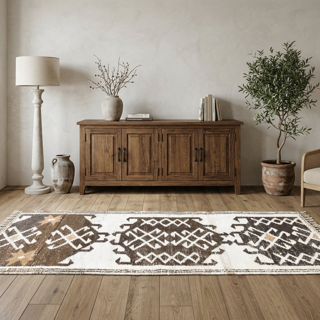 Tribal pattern on the Eirenenia vintage runner rug – handmade in Anatolia, Turkey