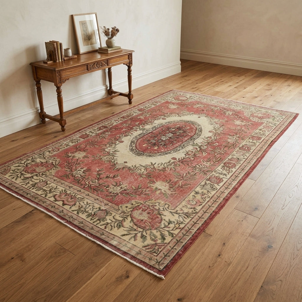 Floral pattern on the Betul vintage area rug – handmade in Anatolia, Turkey