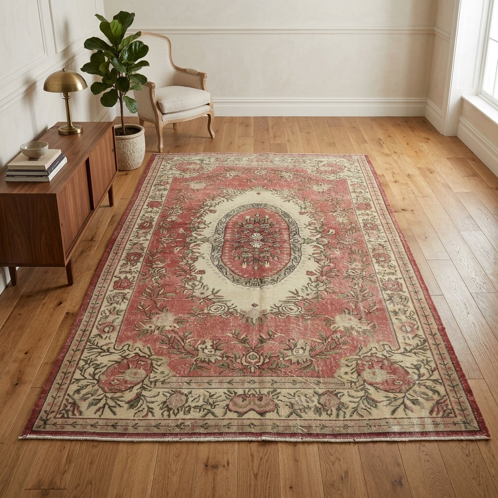 Floral pattern on the Betul vintage area rug – handmade in Anatolia, Turkey