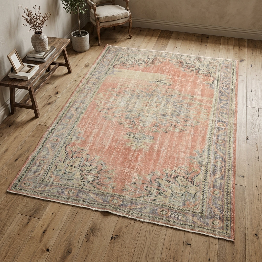 Floral pattern on the Berrakefsan distressed vintage area rug – handmade in Anatolia, Turkey