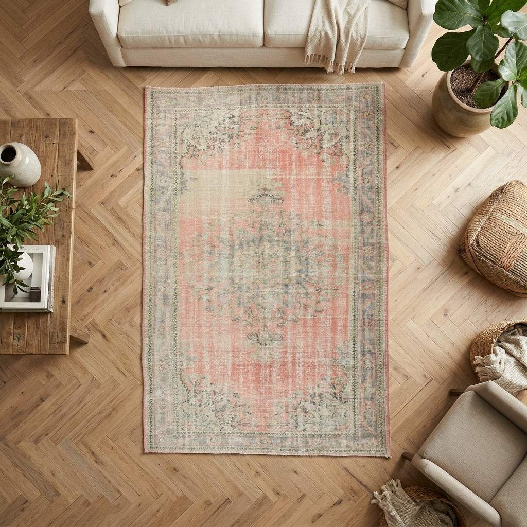 Floral pattern on the Berrakefsan distressed vintage area rug – handmade in Anatolia, Turkey