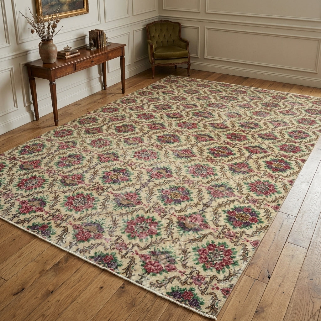 Ikat pattern on the Berrakbike retro vintage area rug – handmade in Anatolia, Turkey