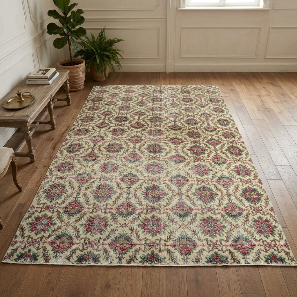 Ikat pattern on the Berrakbike retro vintage area rug – handmade in Anatolia, Turkey