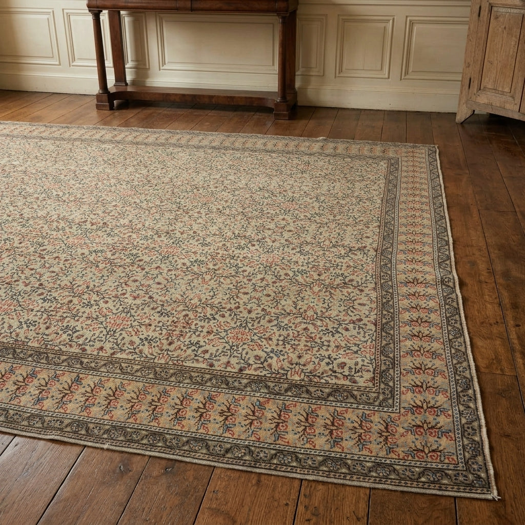 Floral pattern on the Bercem vintage area rug – handmade in Hereke, Turkey