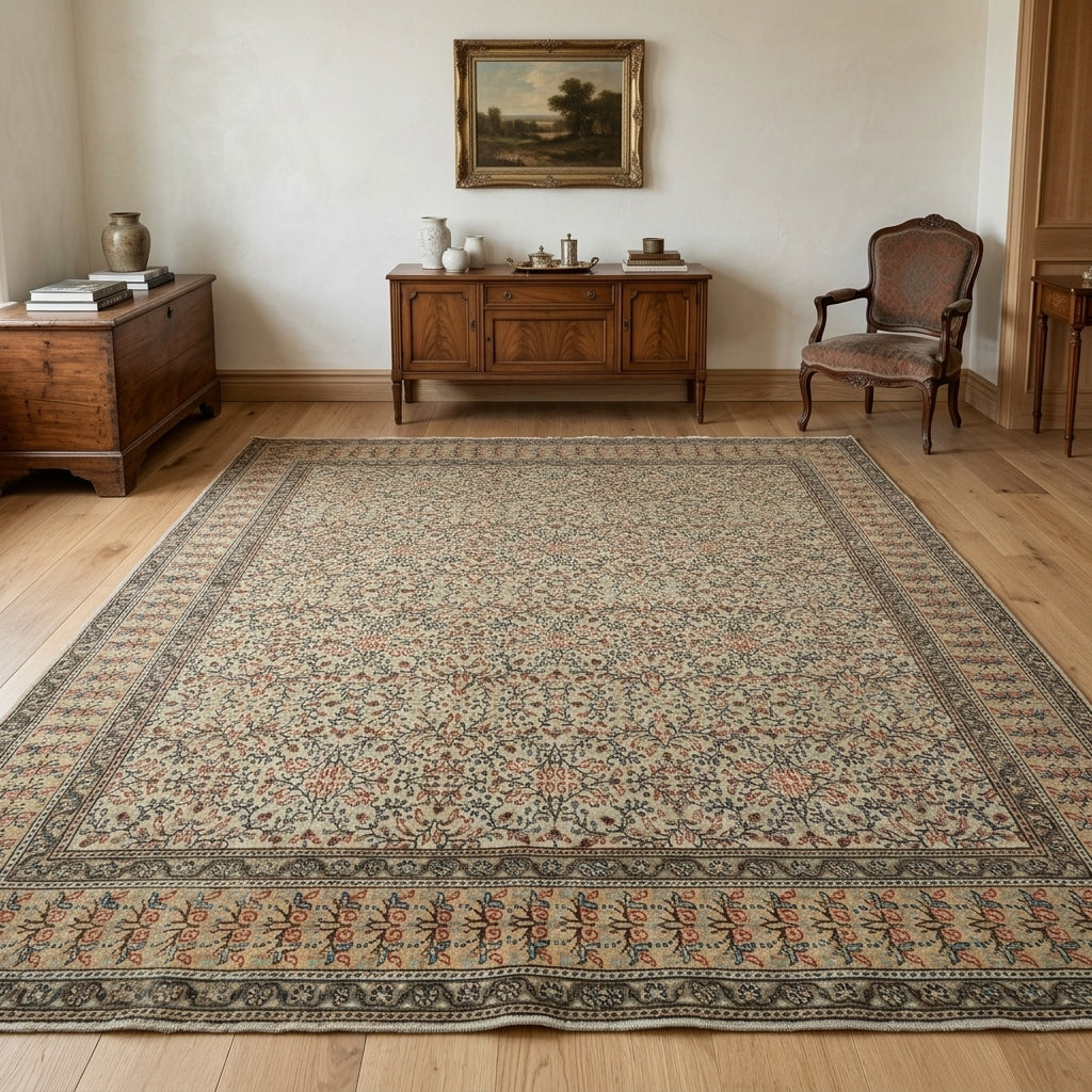 Floral pattern on the Bercem vintage area rug – handmade in Hereke, Turkey