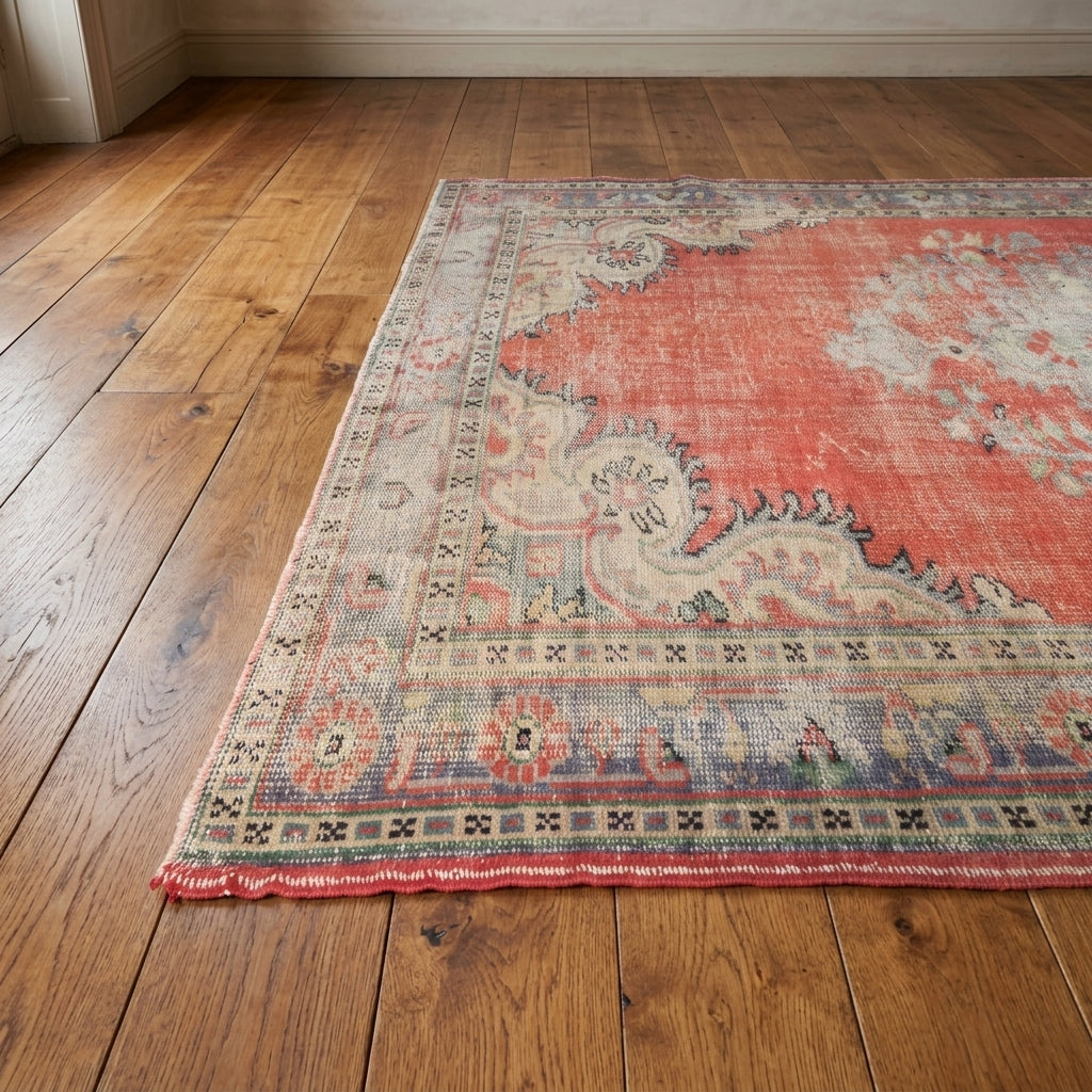 Oriental pattern on the Bayburt distressed vintage area rug – handmade in Anatolia, Turkey