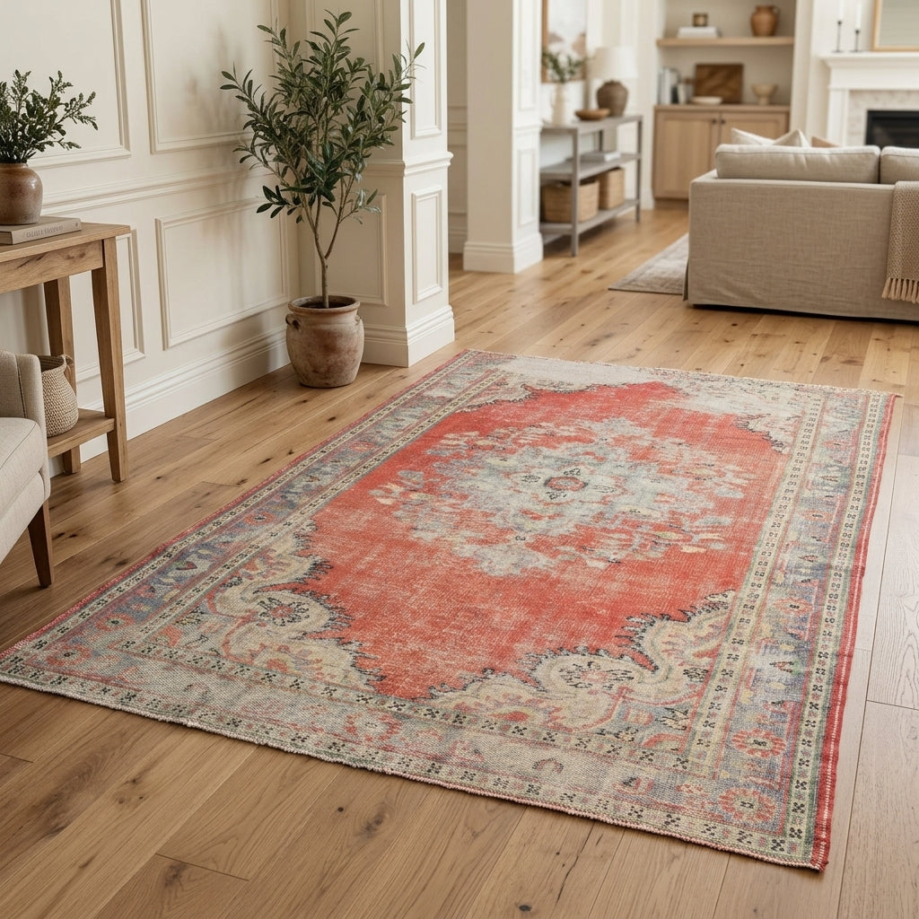 Oriental pattern on the Bayburt distressed vintage area rug – handmade in Anatolia, Turkey