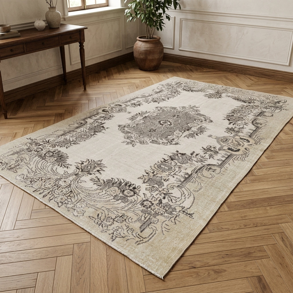 Floral pattern on the Bahartac vintage area rug – handmade in Anatolia, Turkey