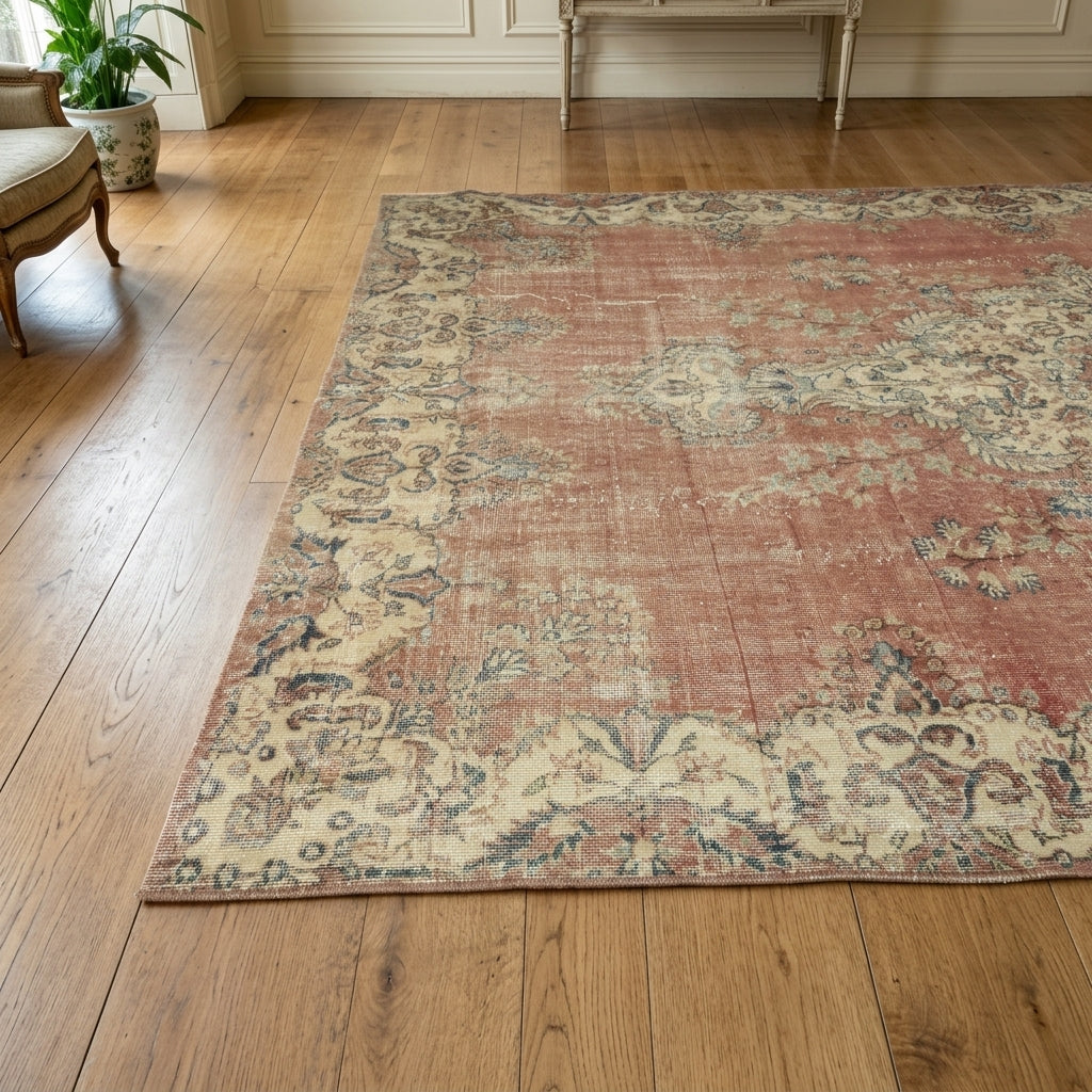 Floral pattern on the Bademnihal vintage area rug – handmade in Anatolia, Turkey