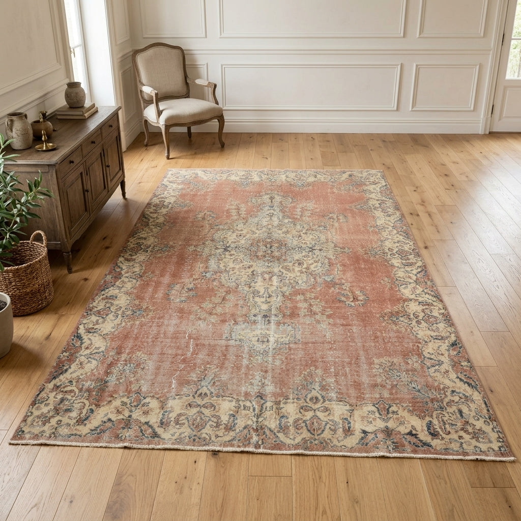 Floral pattern on the Bademnihal vintage area rug – handmade in Anatolia, Turkey