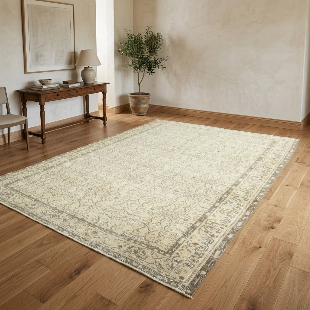 Bordered and floral pattern on the Atlassen antique washed vintage area rug – handmade in Anatolia, Turkey