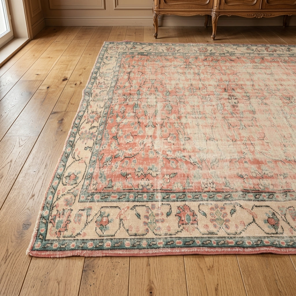 Floral pattern on the Astrachoria distressed vintage area rug – handmade in Anatolia, Turkey