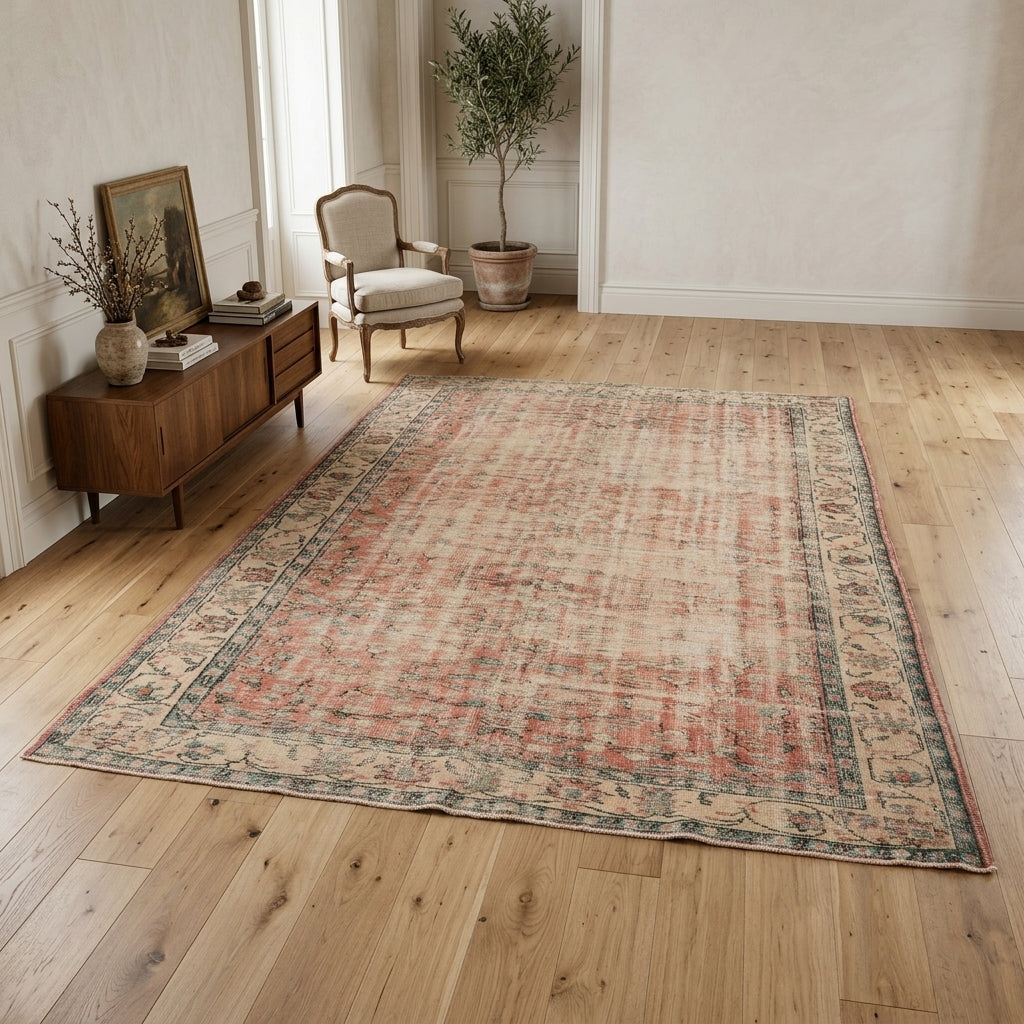 Floral pattern on the Astrachoria distressed vintage area rug – handmade in Anatolia, Turkey
