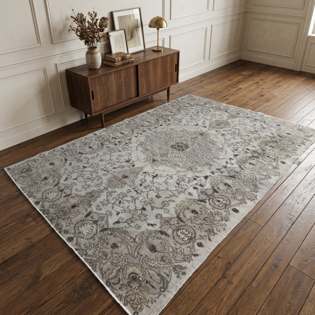 Asteropnoe vintage Anatolian area rug in a living room – 1960s gray and ivory medallion wool rug, 5'9" x 8'3"