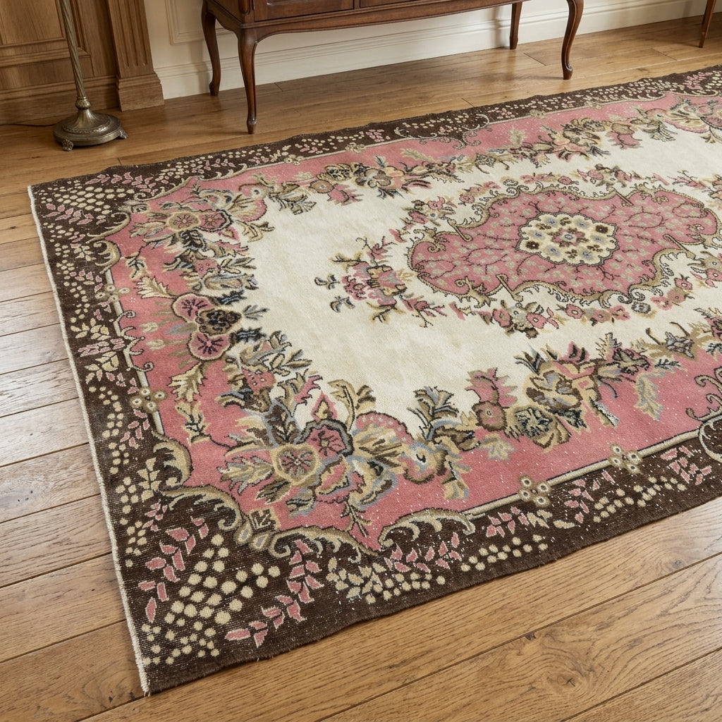 Aristonia pink floral Anatolian vintage area rug in a living room with armchair – 1970s wool rug, 6'9" x 9'9"