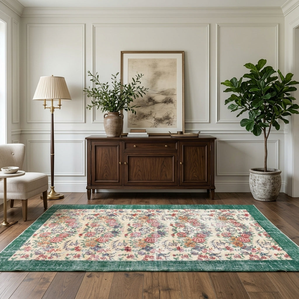 Floral pattern on the Argyrozoe vintage area rug – handmade in Anatolia, Turkey