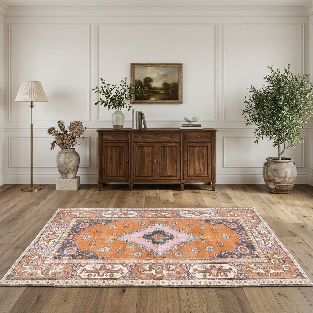 Bordered pattern on the Gokgul vintage area rug – handmade in Anatolia, Turkey