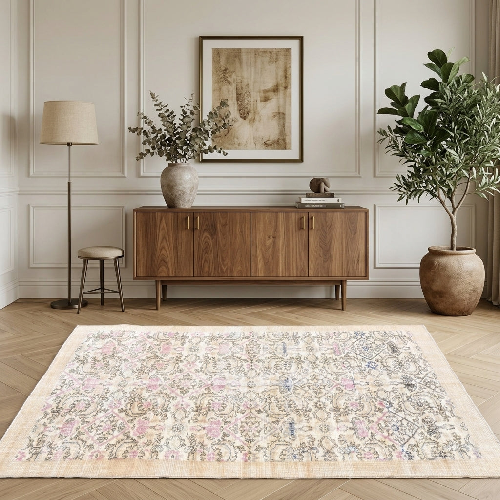 Floral pattern on the Glikonike distressed vintage area rug – handmade in Anatolia, Turkey