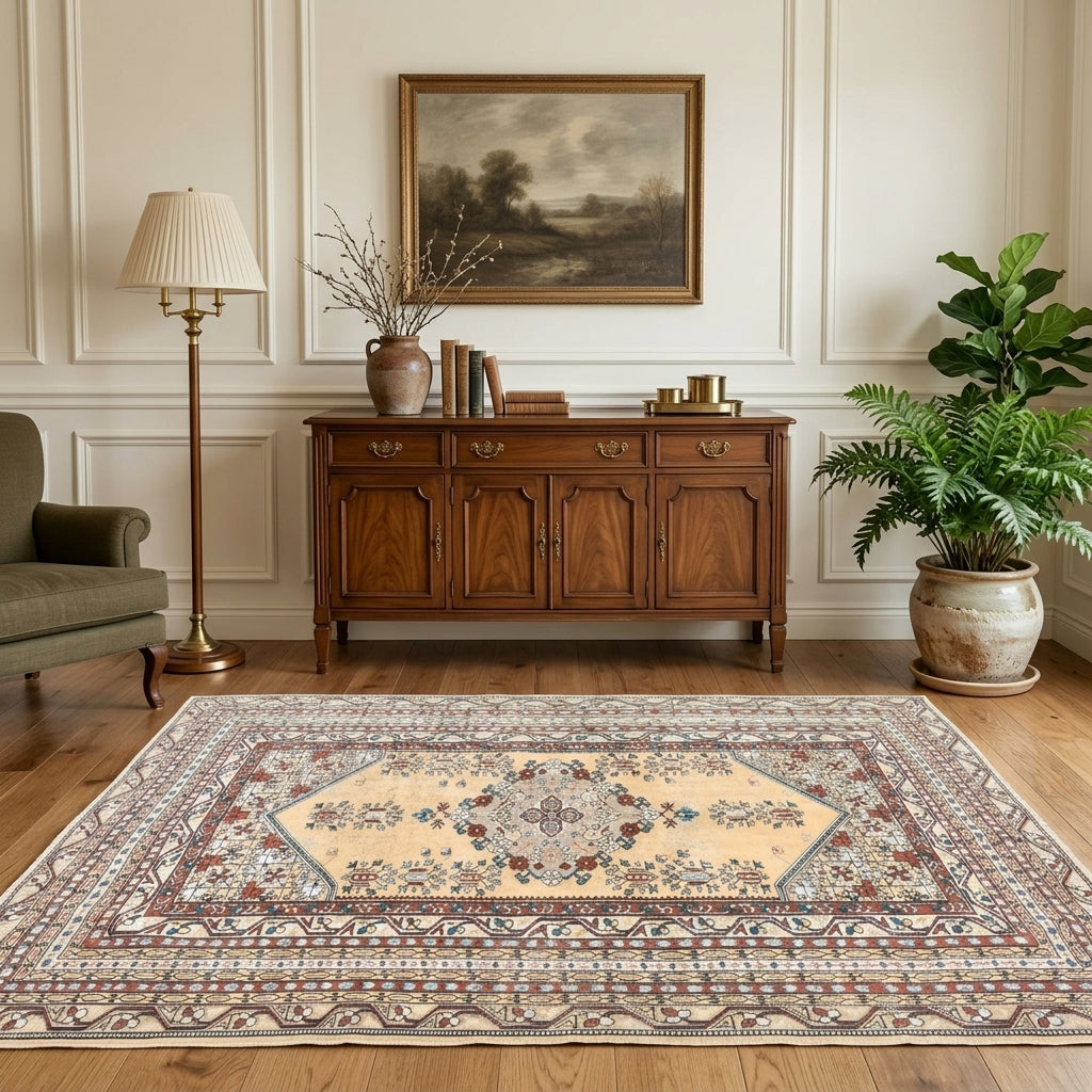 Tribal pattern on the Glaucophyllis vintage area rug – handmade in Anatolia, Turkey