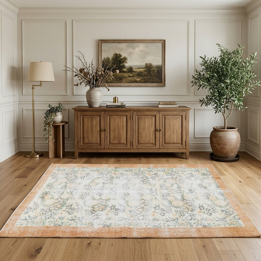 Floral pattern on the Rhodozoe distressed vintage area rug – handmade in Anatolia, Turkey