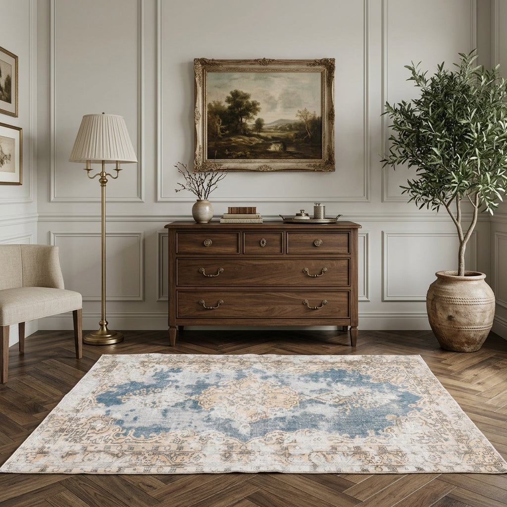 Floral pattern on the Rhea distressed vintage area rug – handmade in Anatolia, Turkey